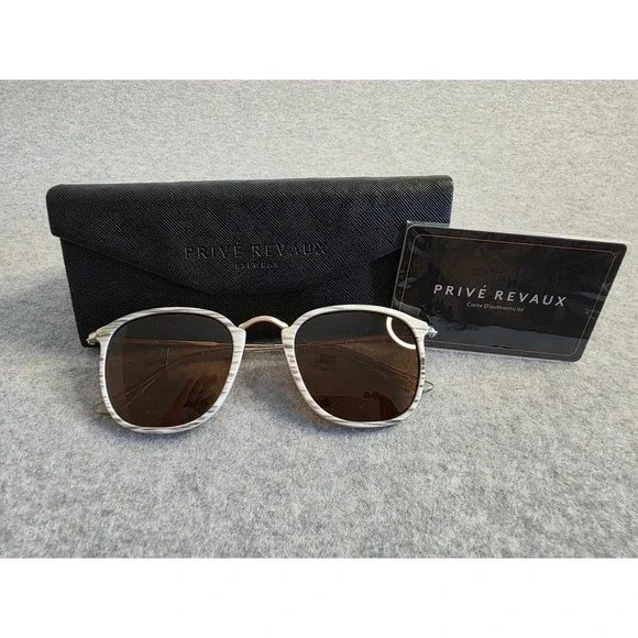 PRIVE REVAUX Sunglasses Polarized Brown Lens White Marble Frame AuthenticityCard - Picture 1 of 7
